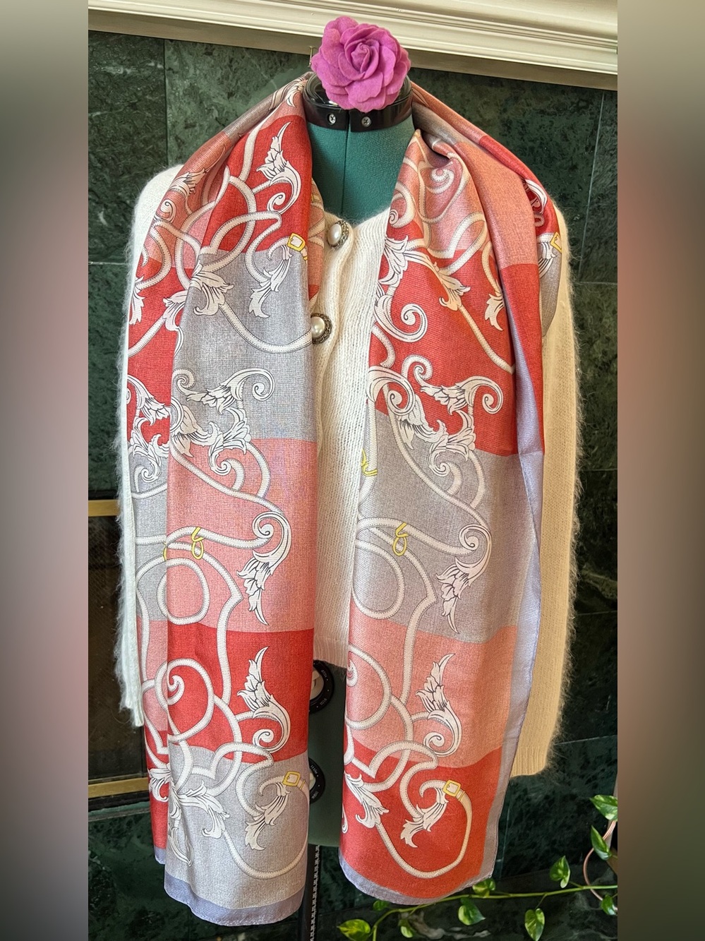 Vintage Licentia 100% Silk Equestrian Wrap Scarf - Terracotta/Coral & Grey   64”